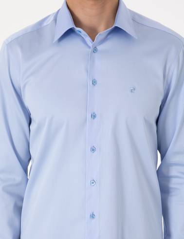 Koyu Mavi %100 Pamuk Parlak Saten Slim Fit Uzun Kollu Basic Gömlek