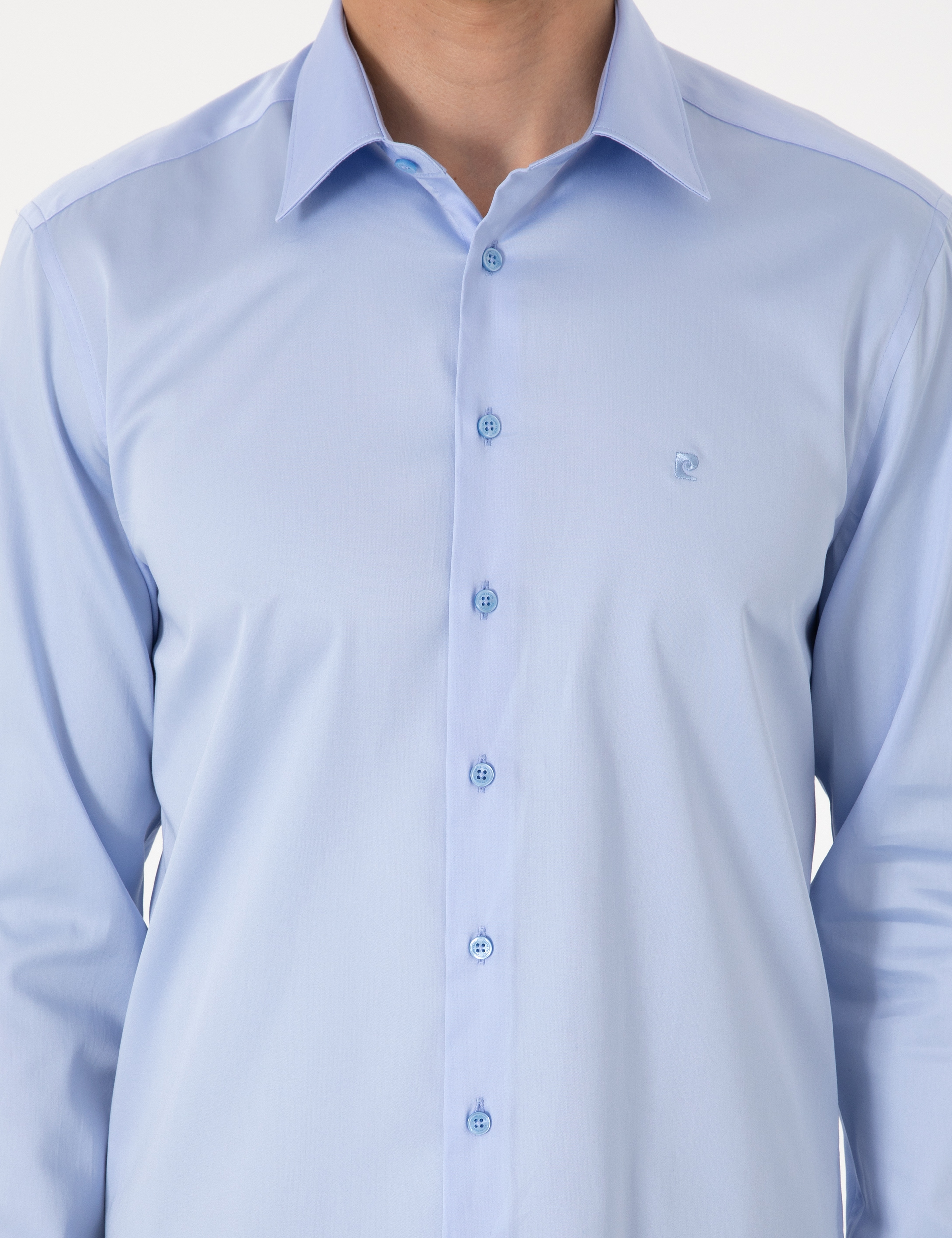 Koyu Mavi %100 Pamuk Parlak Saten Slim Fit Uzun Kollu Basic Gömlek - Image 6