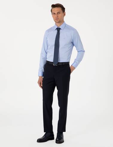 Koyu Mavi %100 Pamuk Parlak Saten Slim Fit Uzun Kollu Basic Gömlek