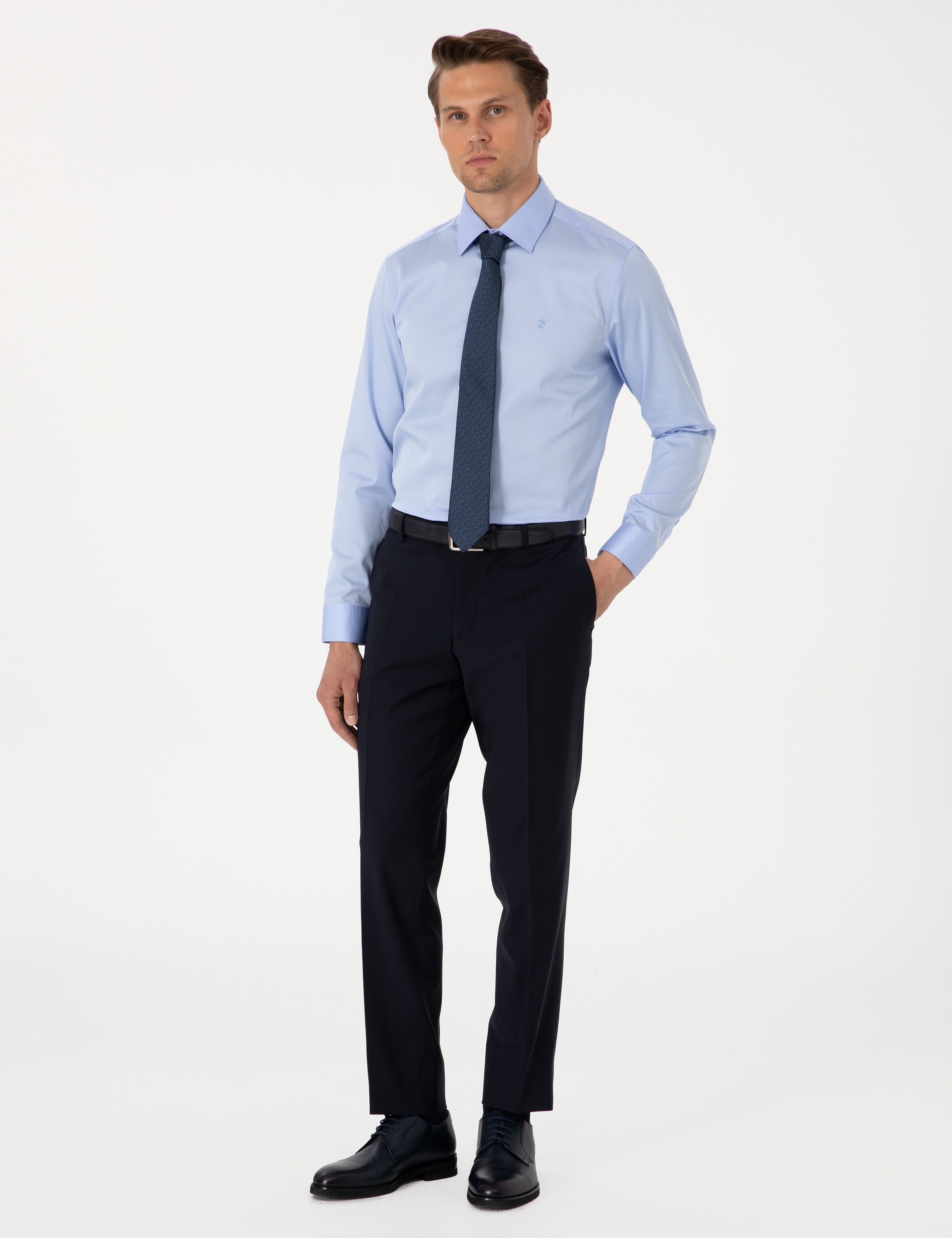 Koyu Mavi %100 Pamuk Parlak Saten Slim Fit Uzun Kollu Basic Gömlek