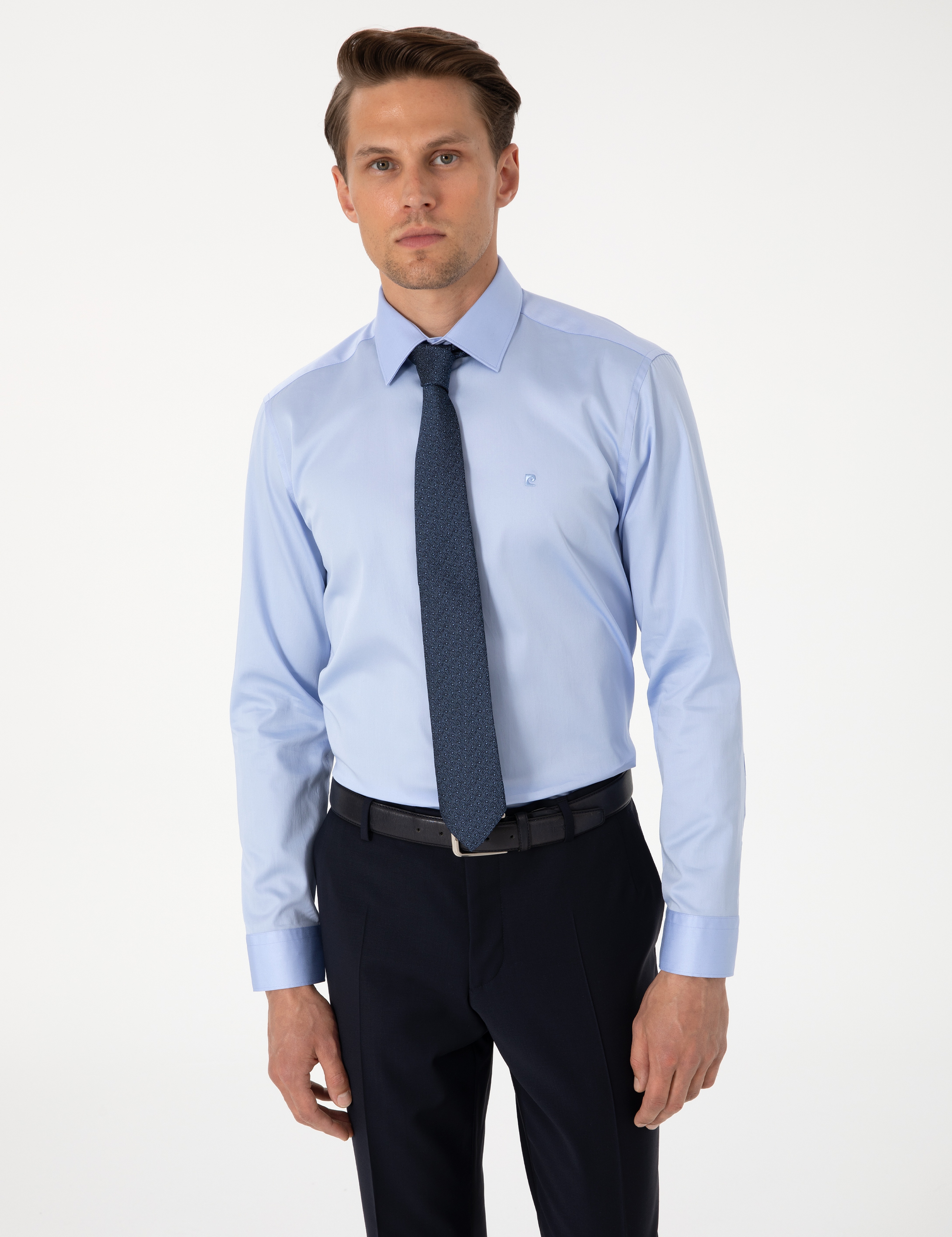 Koyu Mavi %100 Pamuk Parlak Saten Slim Fit Uzun Kollu Basic Gömlek - Image 1