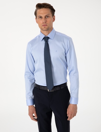 Koyu Mavi %100 Pamuk Parlak Saten Slim Fit Uzun Kollu Basic Gömlek