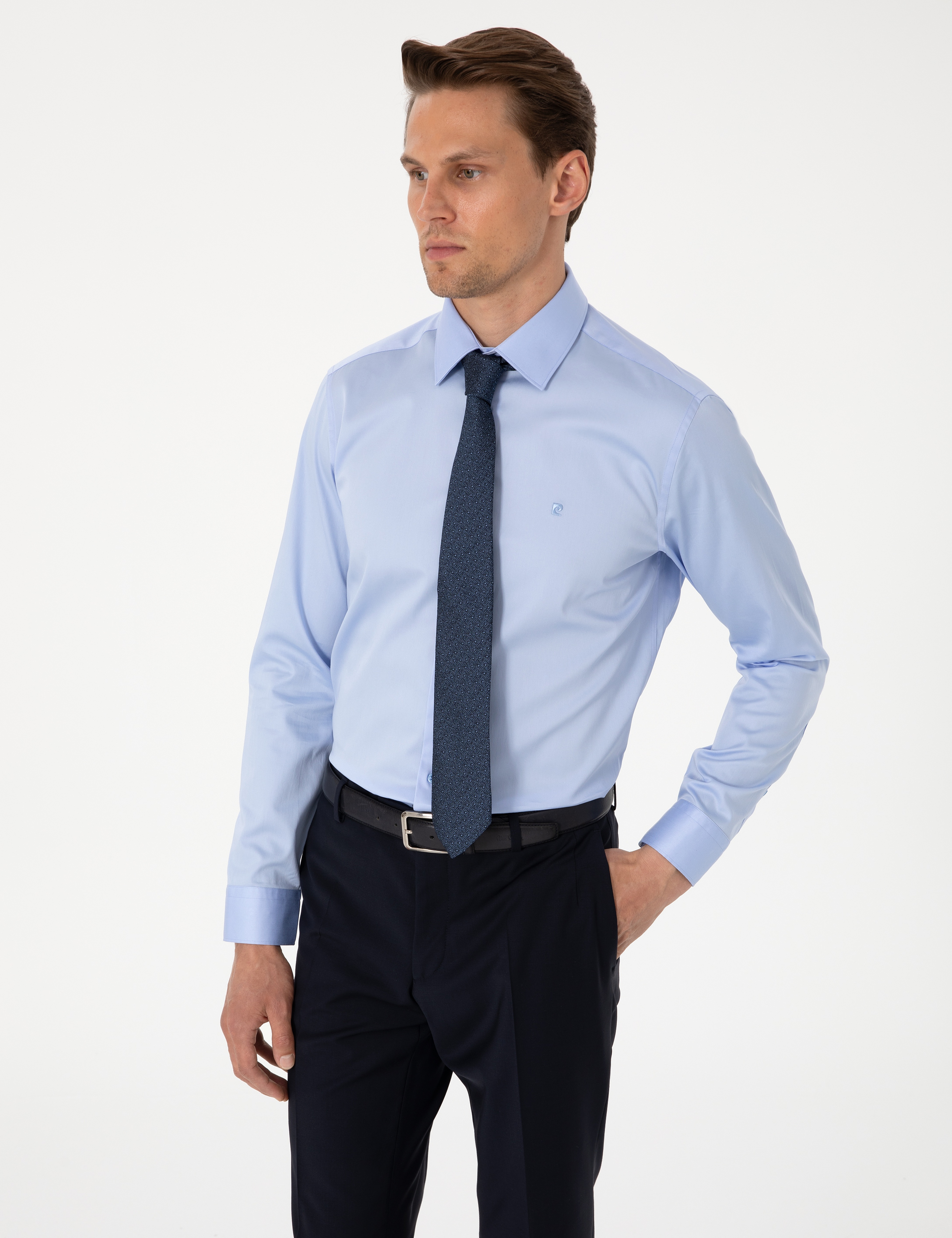 Koyu Mavi %100 Pamuk Parlak Saten Slim Fit Uzun Kollu Basic Gömlek - Image 3