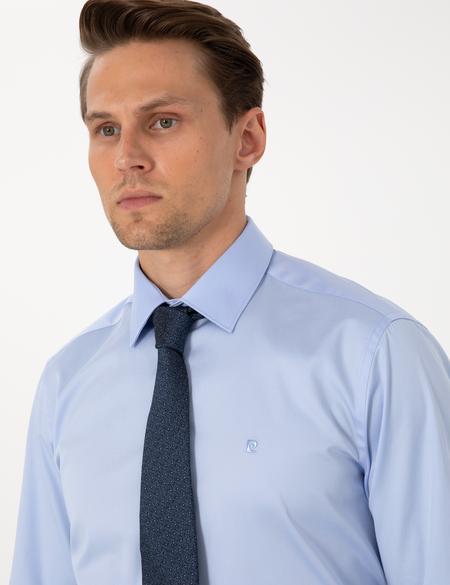 Koyu Mavi Parlak Saten Slim Fit Uzun Kollu Basic Gömlek - 50305127034
