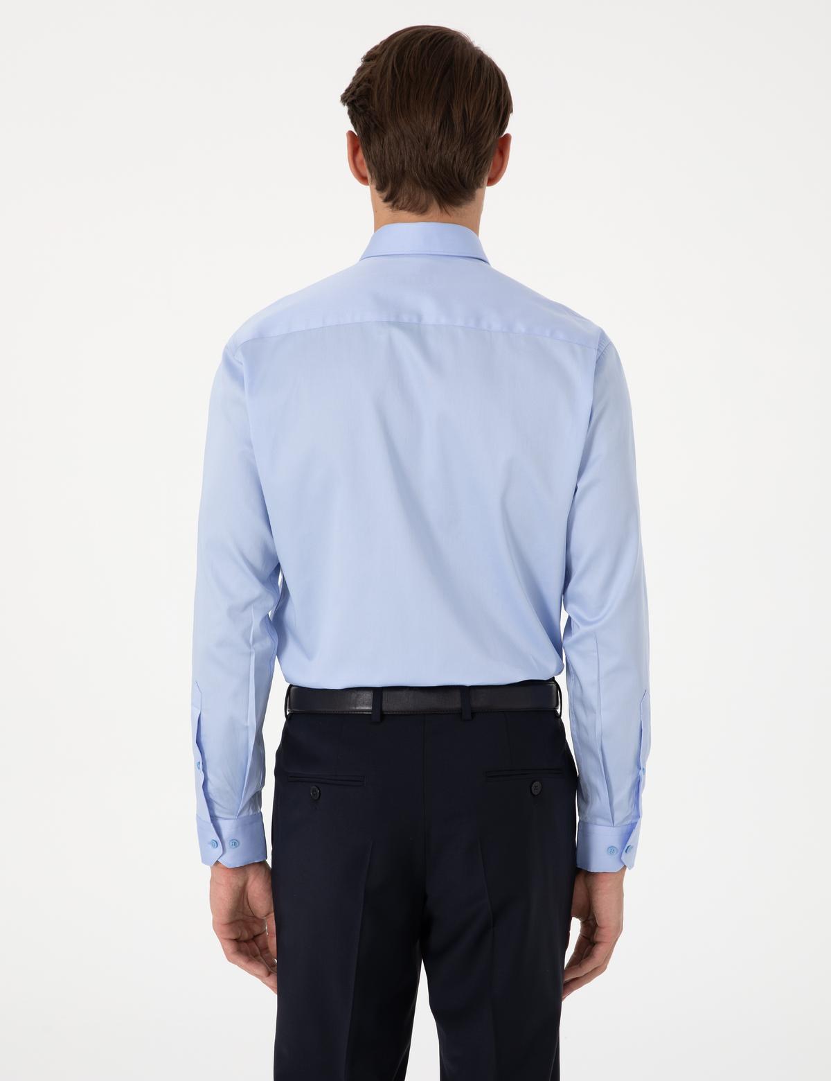 Koyu Mavi Parlak Saten Slim Fit Uzun Kollu Basic Gömlek - 50305127034