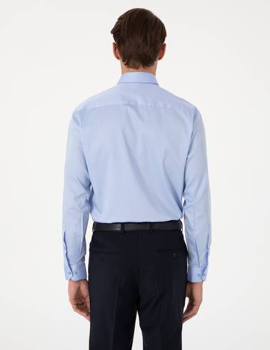 Koyu Mavi %100 Pamuk Parlak Saten Slim Fit Uzun Kollu Basic Gömlek