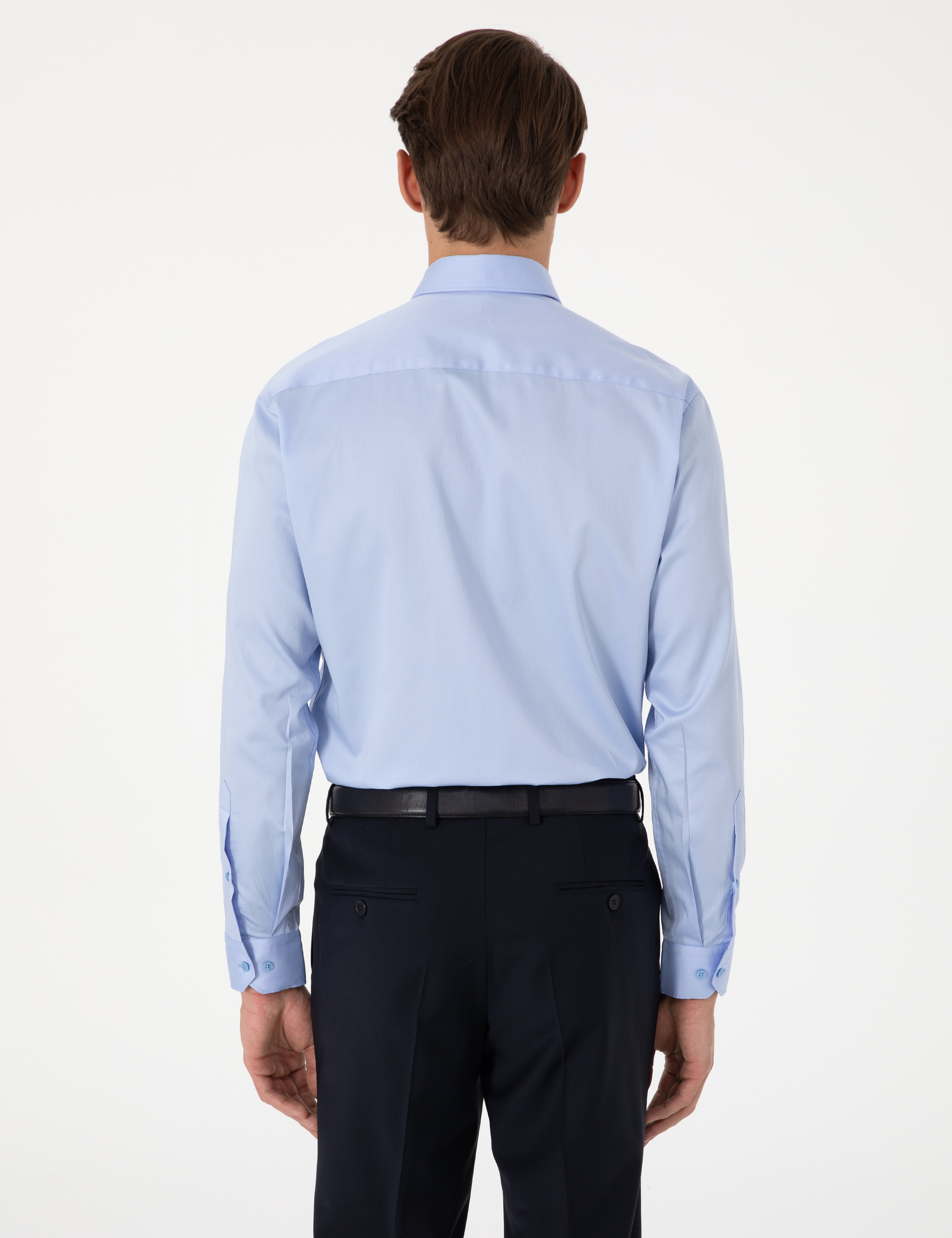 Koyu Mavi %100 Pamuk Parlak Saten Slim Fit Uzun Kollu Basic Gömlek - Image 5