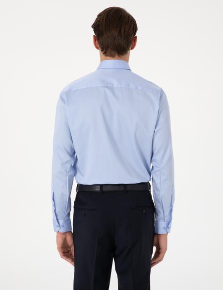 Koyu Mavi Parlak Saten Slim Fit Uzun Kollu Basic Gömlek - 50305127034