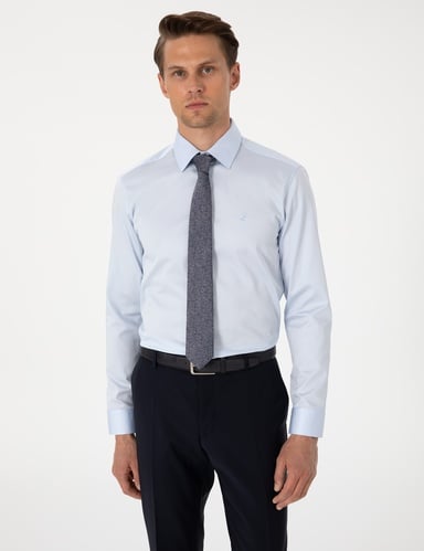 Açık Mavi %100 Pamuk Parlak Saten Slim Fit Uzun Kollu Basic Gömlek