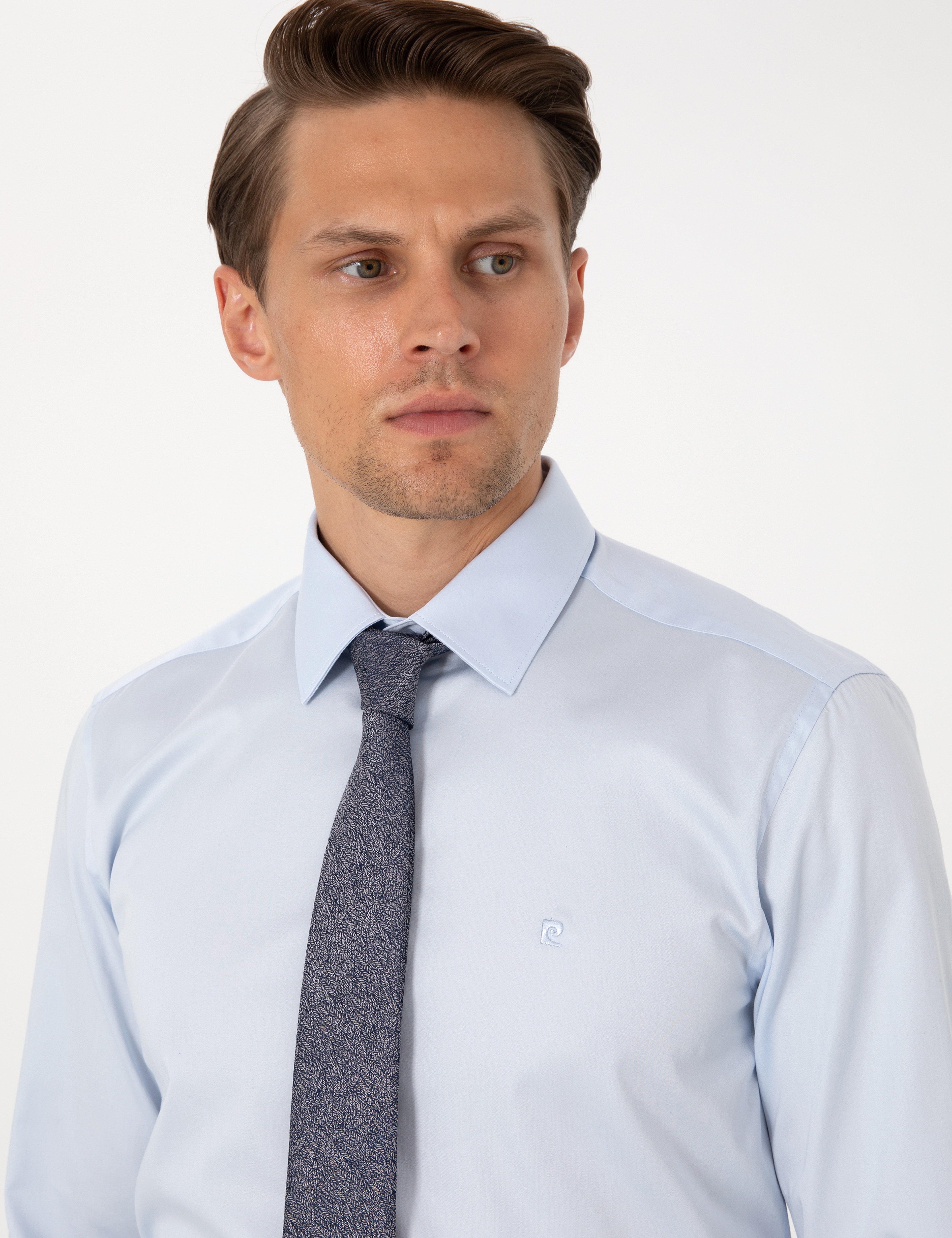 Açık Mavi %100 Pamuk Parlak Saten Slim Fit Uzun Kollu Basic Gömlek