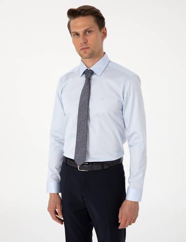 Açık Mavi %100 Pamuk Parlak Saten Slim Fit Uzun Kollu Basic Gömlek