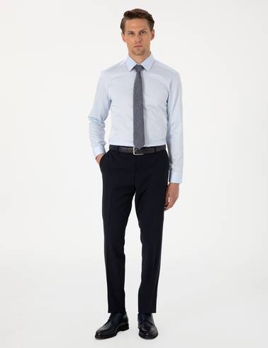 Açık Mavi %100 Pamuk Parlak Saten Slim Fit Uzun Kollu Basic Gömlek