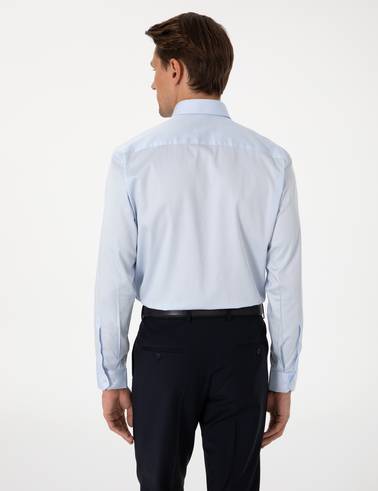 Açık Mavi %100 Pamuk Parlak Saten Slim Fit Uzun Kollu Basic Gömlek