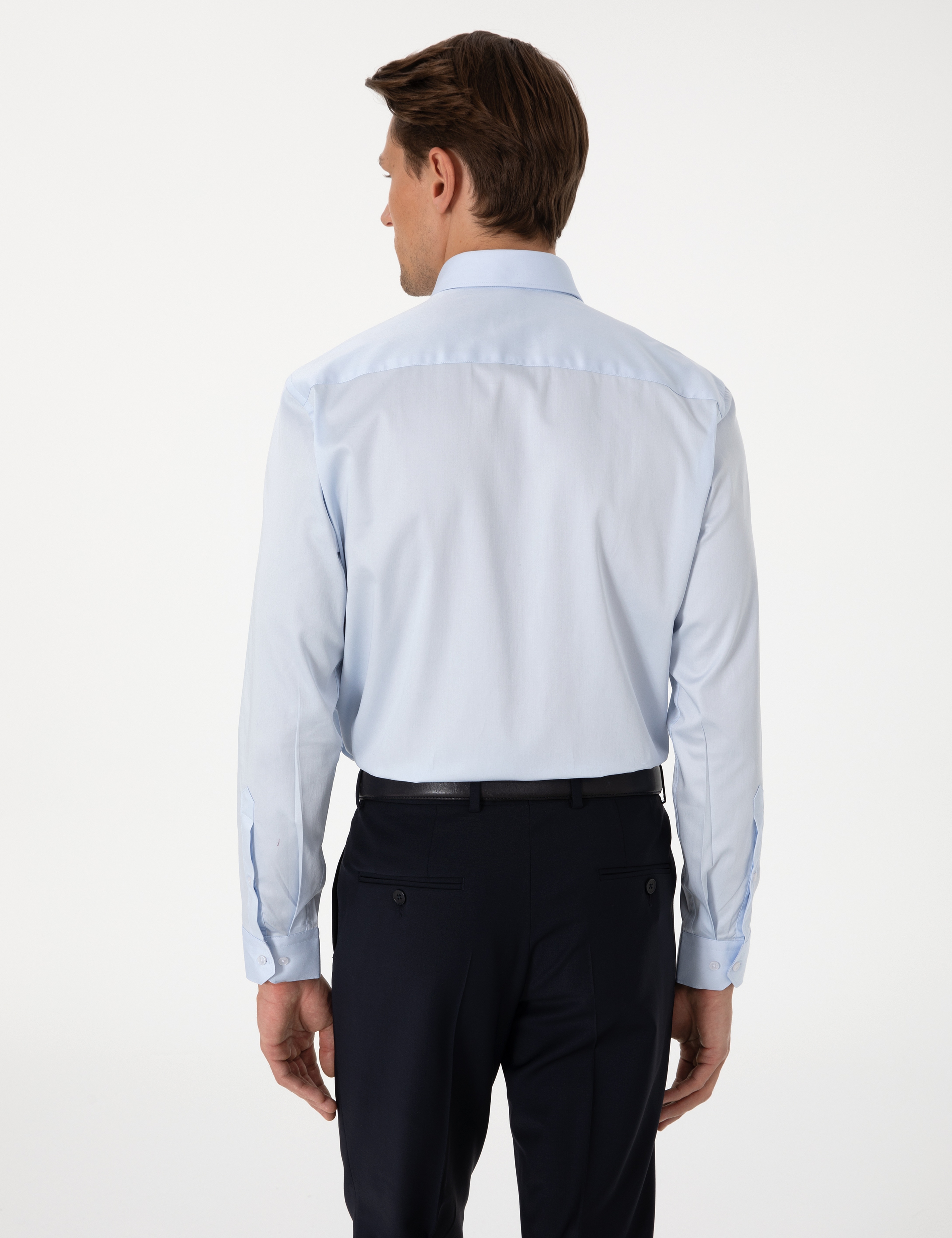 Açık Mavi %100 Pamuk Parlak Saten Slim Fit Uzun Kollu Basic Gömlek - Image 5