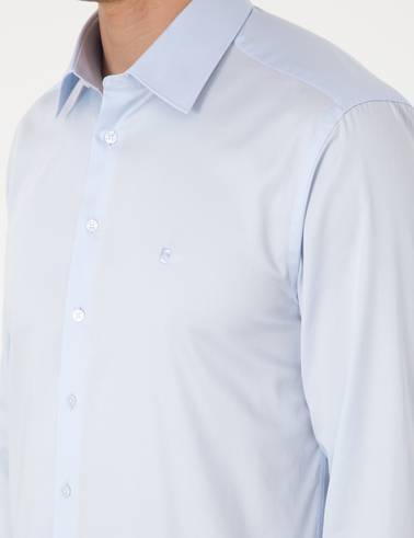 Açık Mavi %100 Pamuk Parlak Saten Slim Fit Uzun Kollu Basic Gömlek