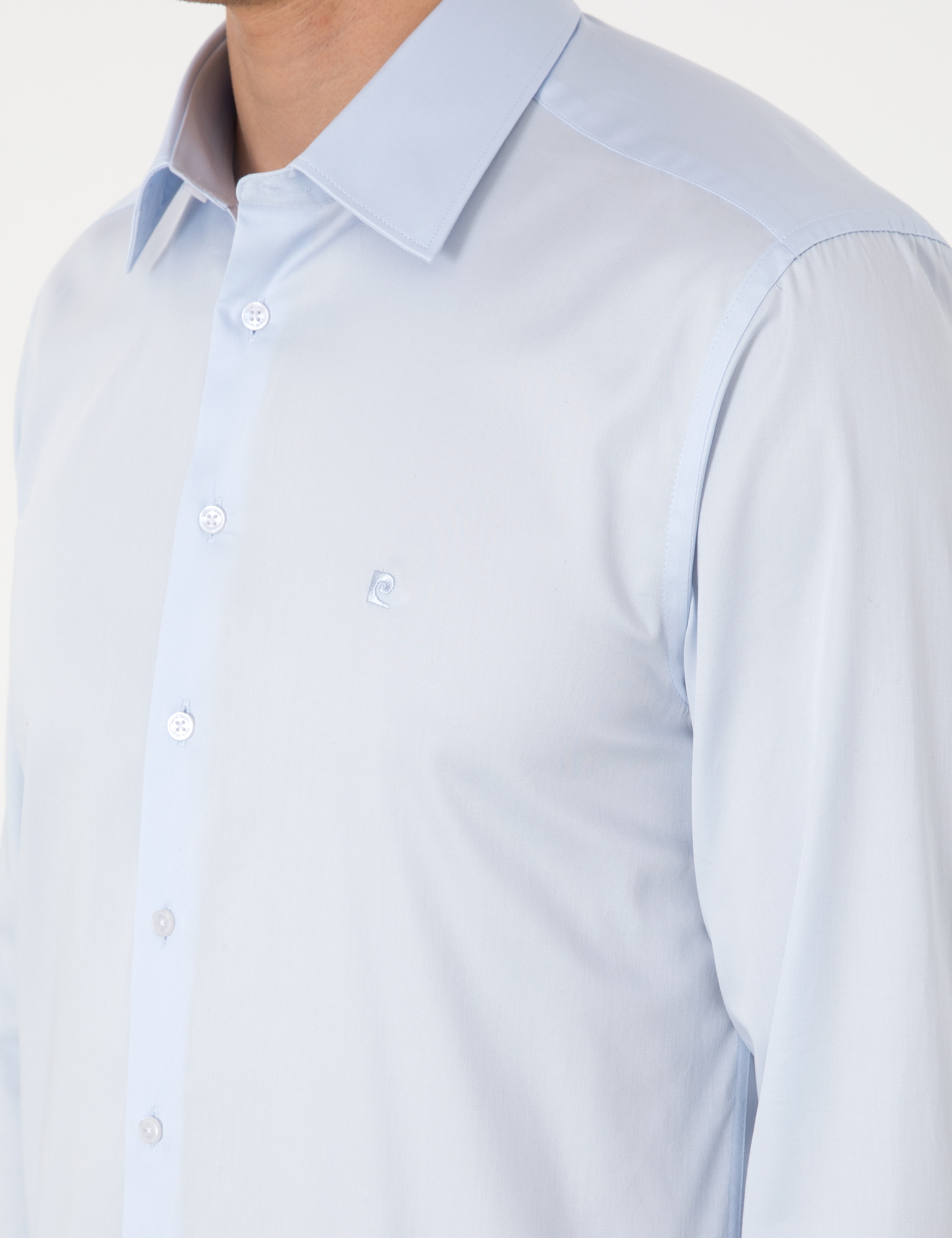 Açık Mavi %100 Pamuk Parlak Saten Slim Fit Uzun Kollu Basic Gömlek