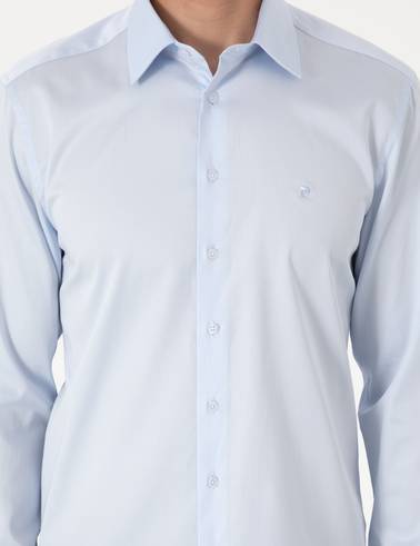 Açık Mavi %100 Pamuk Parlak Saten Slim Fit Uzun Kollu Basic Gömlek