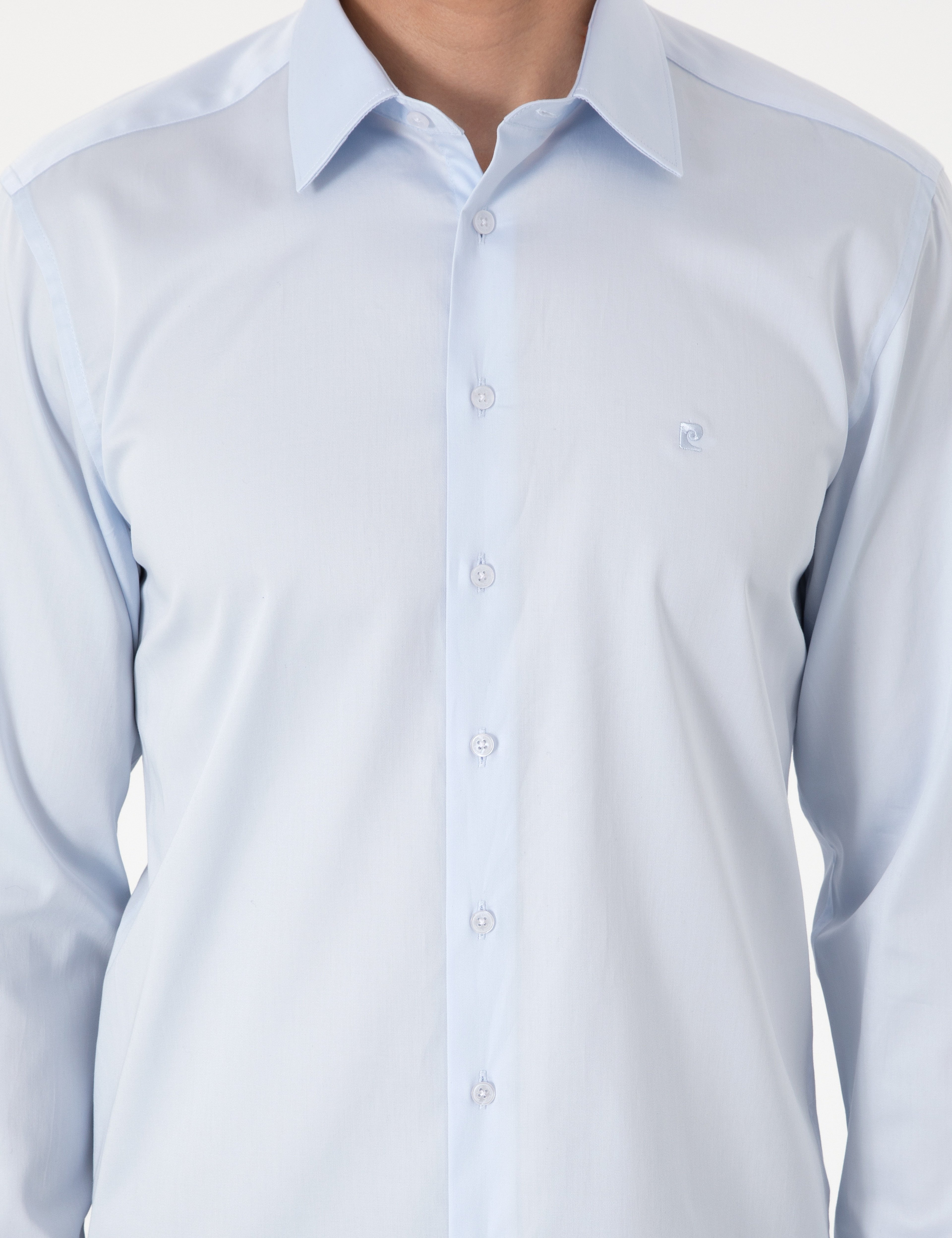 Açık Mavi %100 Pamuk Parlak Saten Slim Fit Uzun Kollu Basic Gömlek