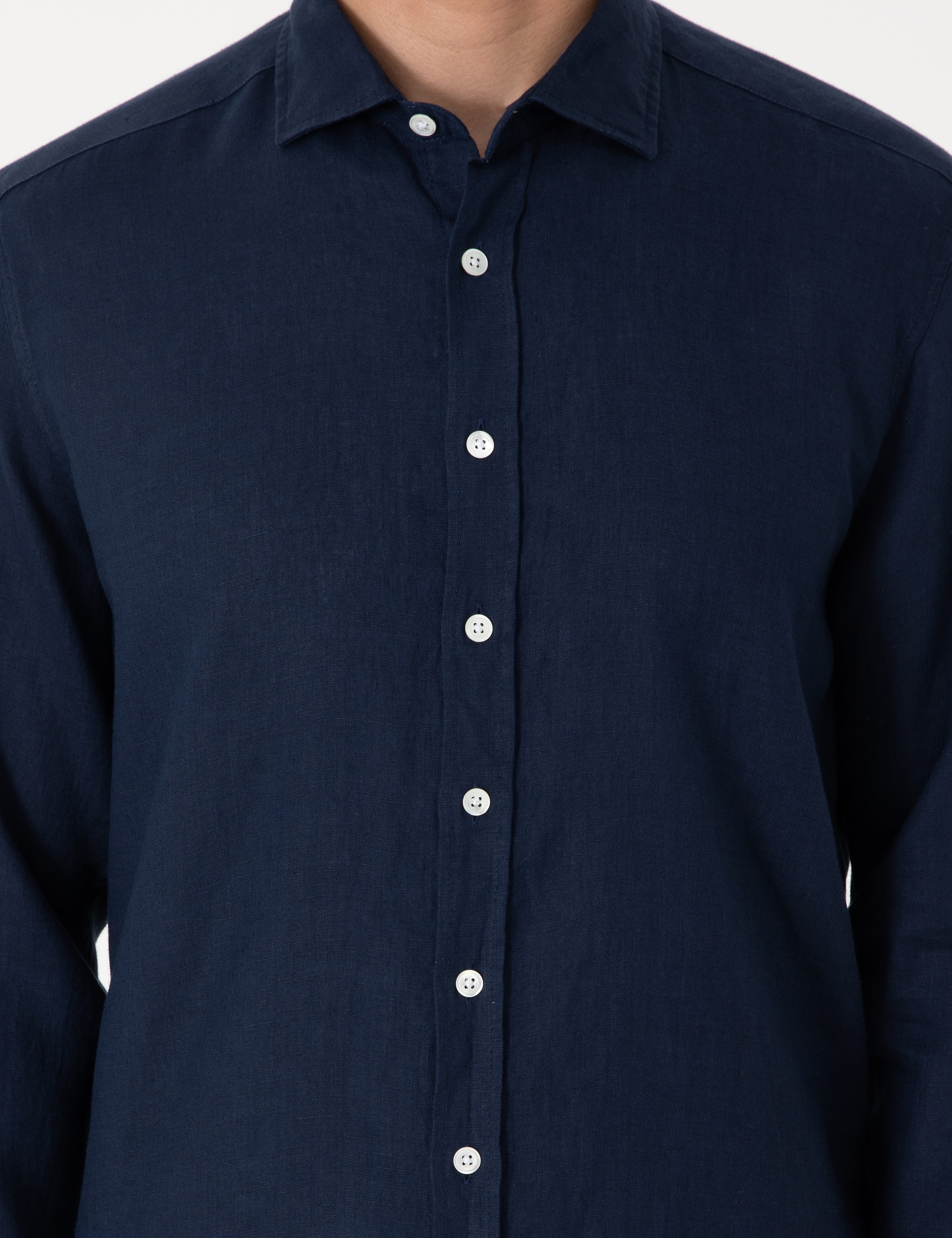 Lacivert %100 Keten Regular Fit Uzunkollu Gömlek - Image 6