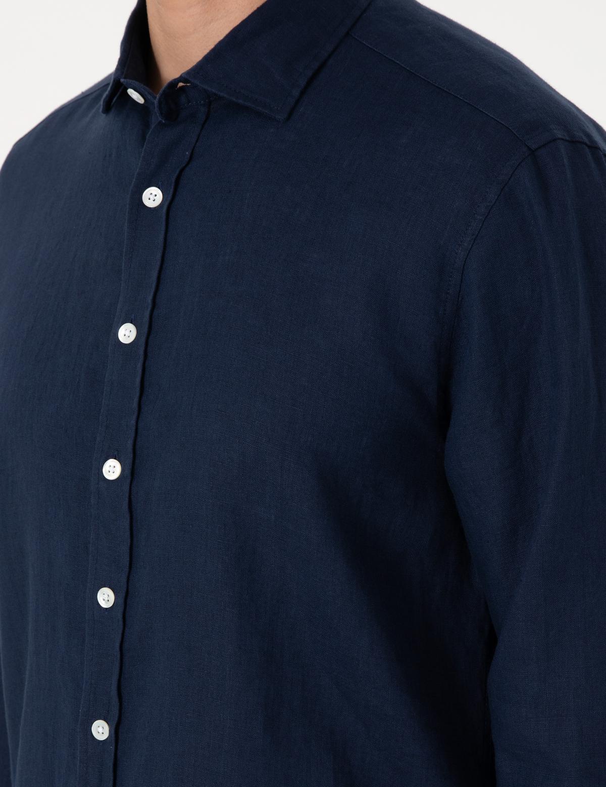 Lacivert %100 Keten Regular Fit Uzunkollu Gömlek - 50303293053