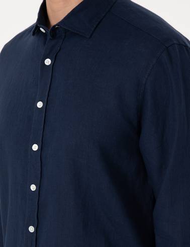 Lacivert %100 Keten Regular Fit Uzunkollu Gömlek
