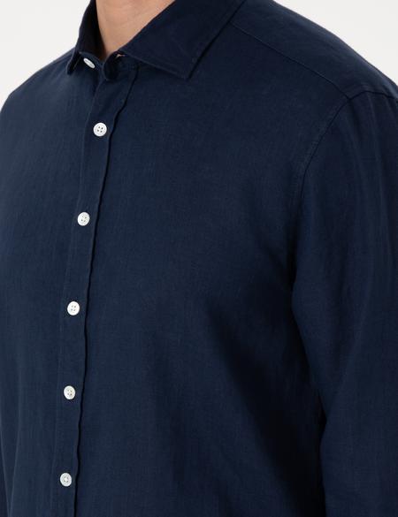 Lacivert %100 Keten Regular Fit Uzunkollu Gömlek - 50303293053