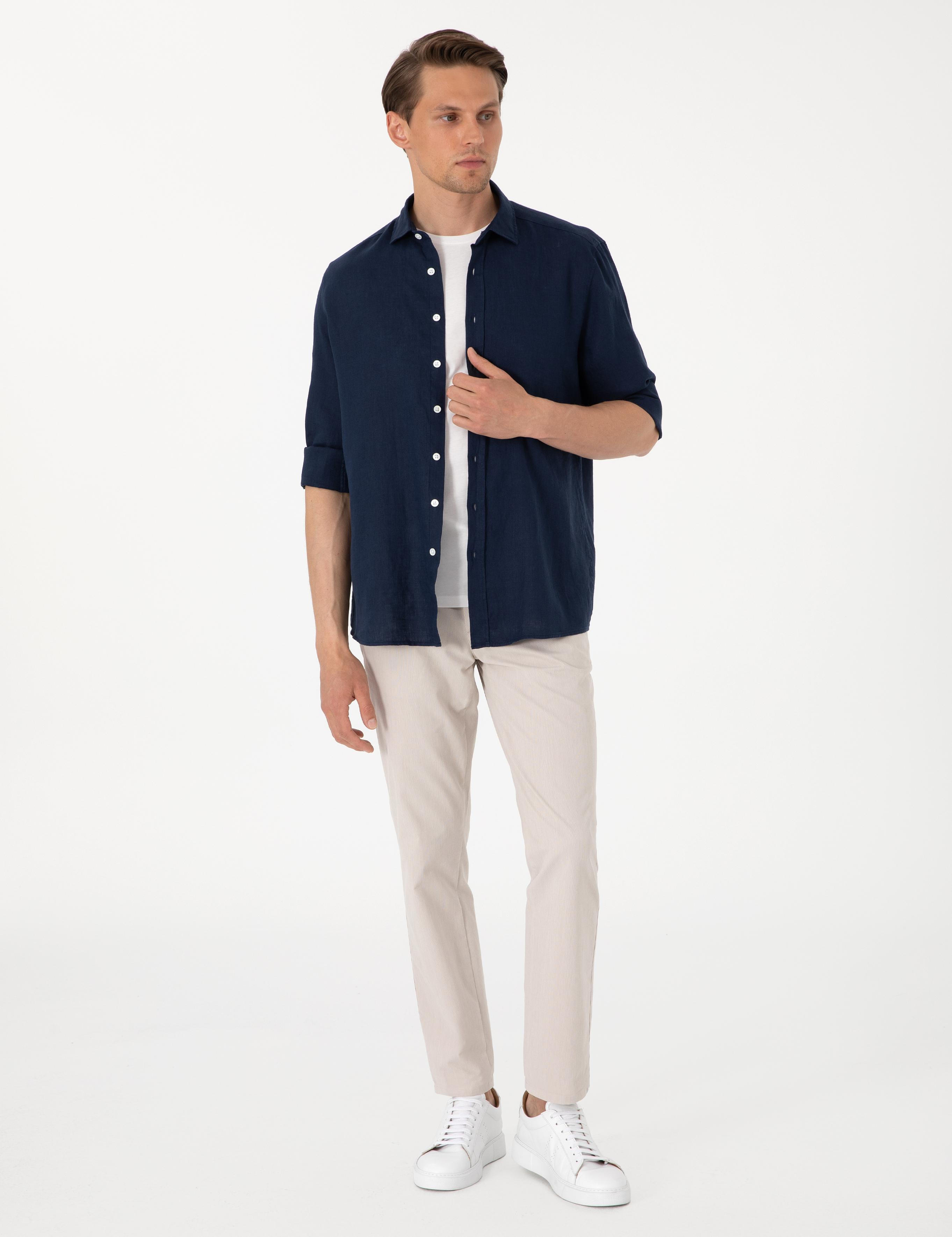 Lacivert %100 Keten Regular Fit Uzunkollu Gömlek