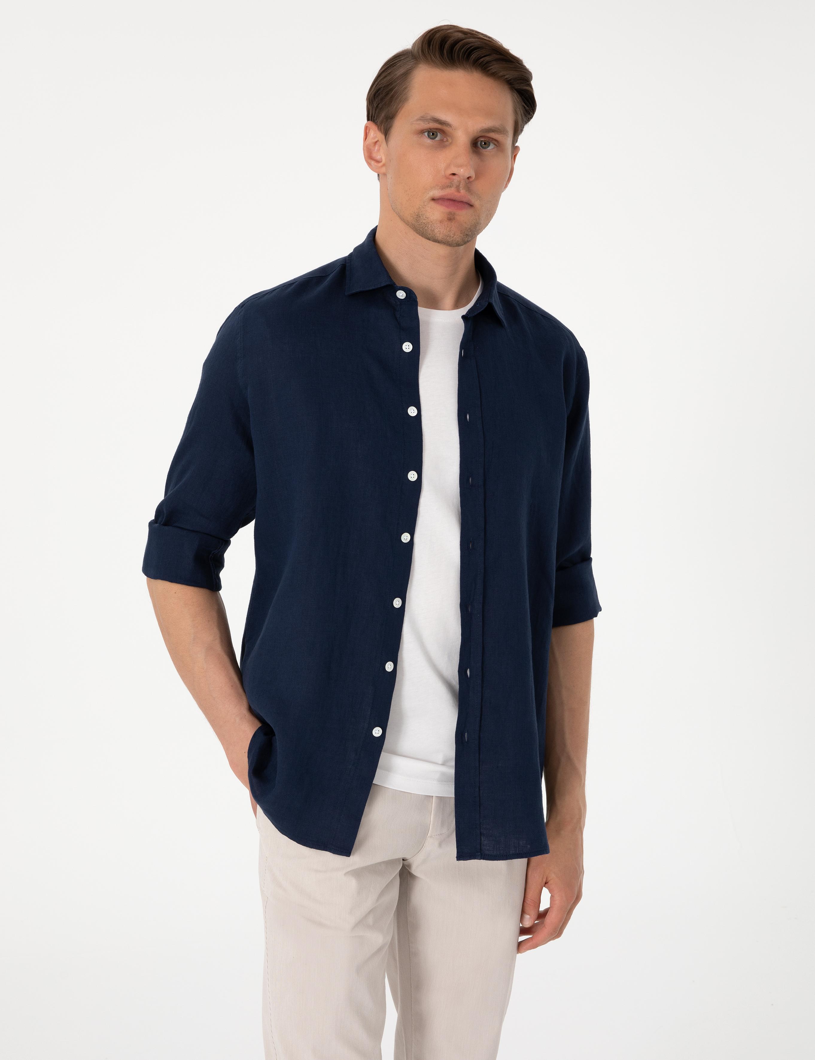 Lacivert %100 Keten Regular Fit Uzunkollu Gömlek