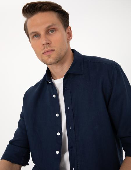 Lacivert %100 Keten Regular Fit Uzunkollu Gömlek - 50303293053