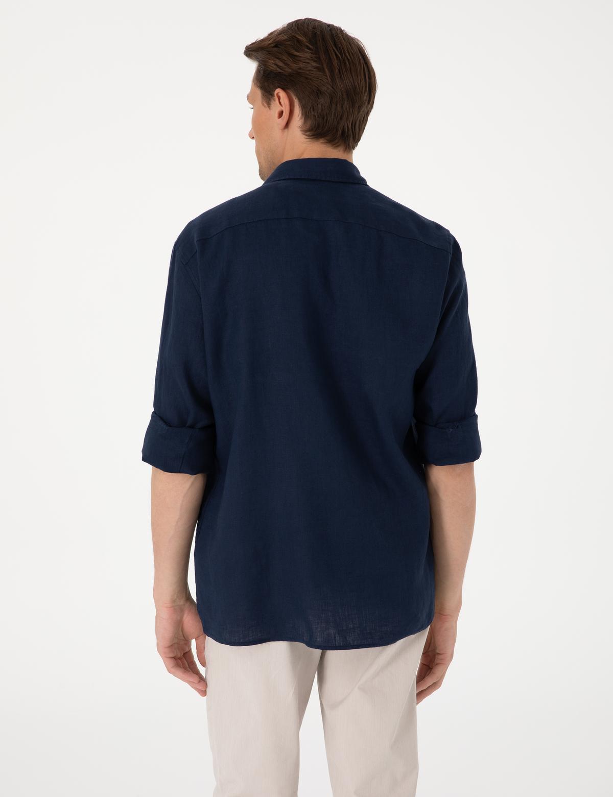 Lacivert %100 Keten Regular Fit Uzunkollu Gömlek - 50303293053