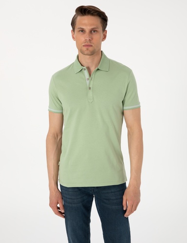 Açık Haki Slim Fit %100 Pamuk Düğmeli Polo Yaka Tişört