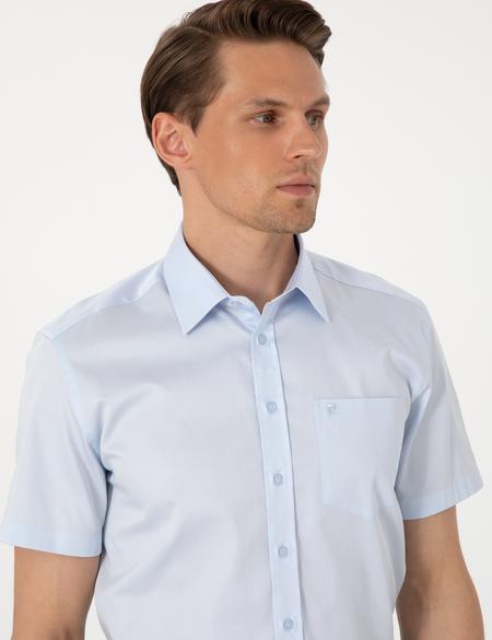 Açık Mavi Parlak Saten Regular Fit Kısa Kollu Basic Gömlek - 50302763007