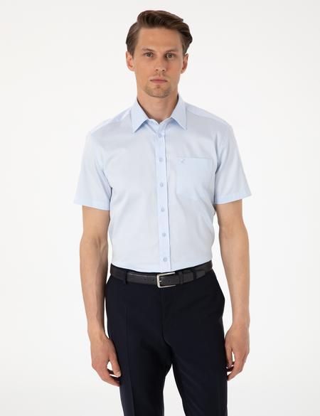 Açık Mavi Parlak Saten Regular Fit Kısa Kollu Basic Gömlek - 50302763007