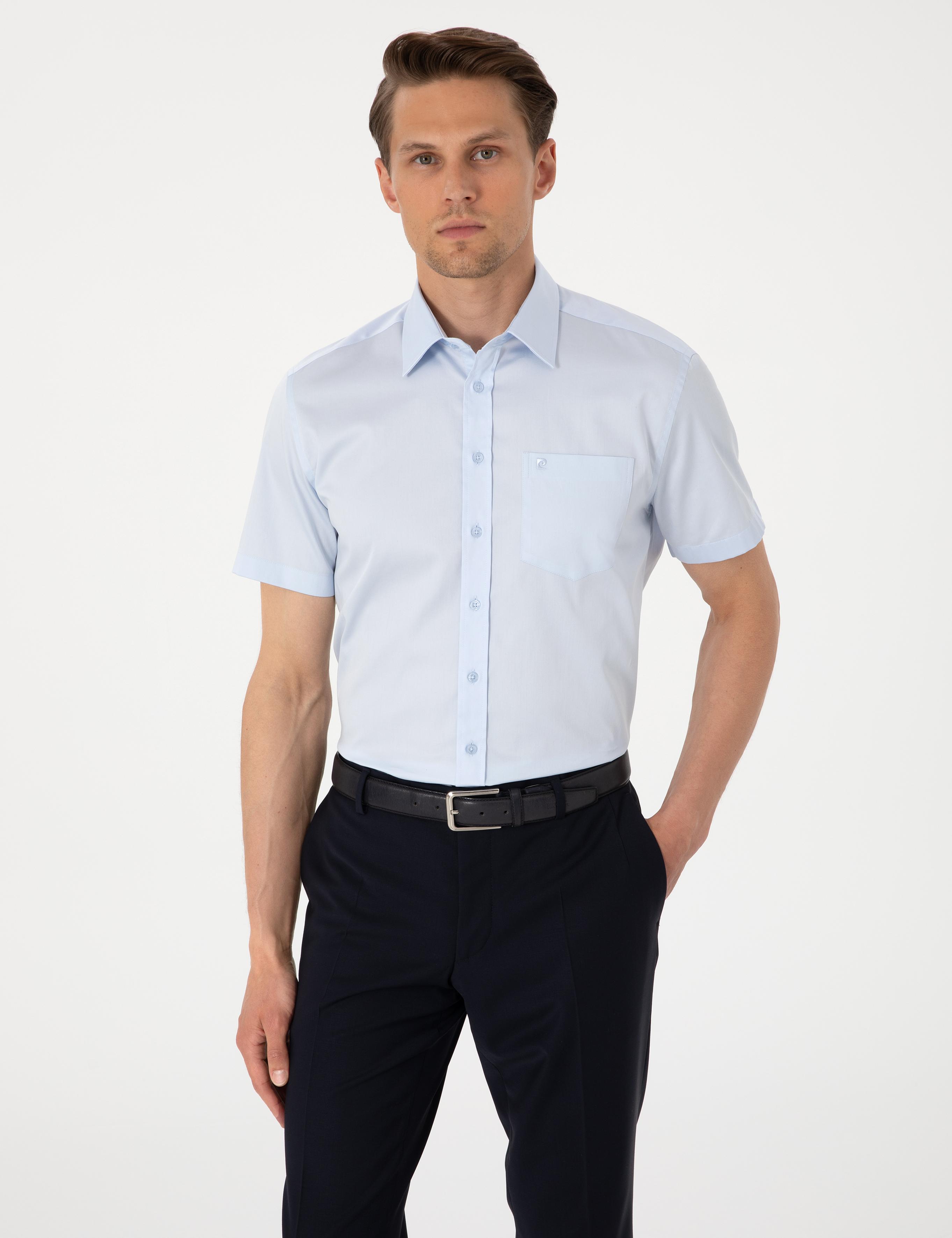 Açık Mavi Parlak Saten Regular Fit Kısa Kollu Basic Gömlek