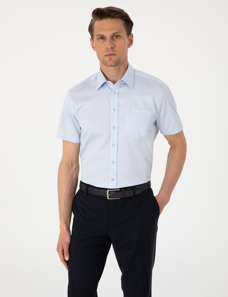 Açık Mavi Parlak Saten Regular Fit Kısa Kollu Basic Gömlek - 50302763007