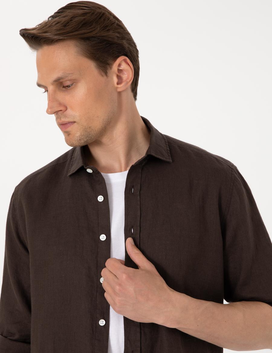 Kahverengi %100 Keten Regular Fit Uzunkollu Gömlek