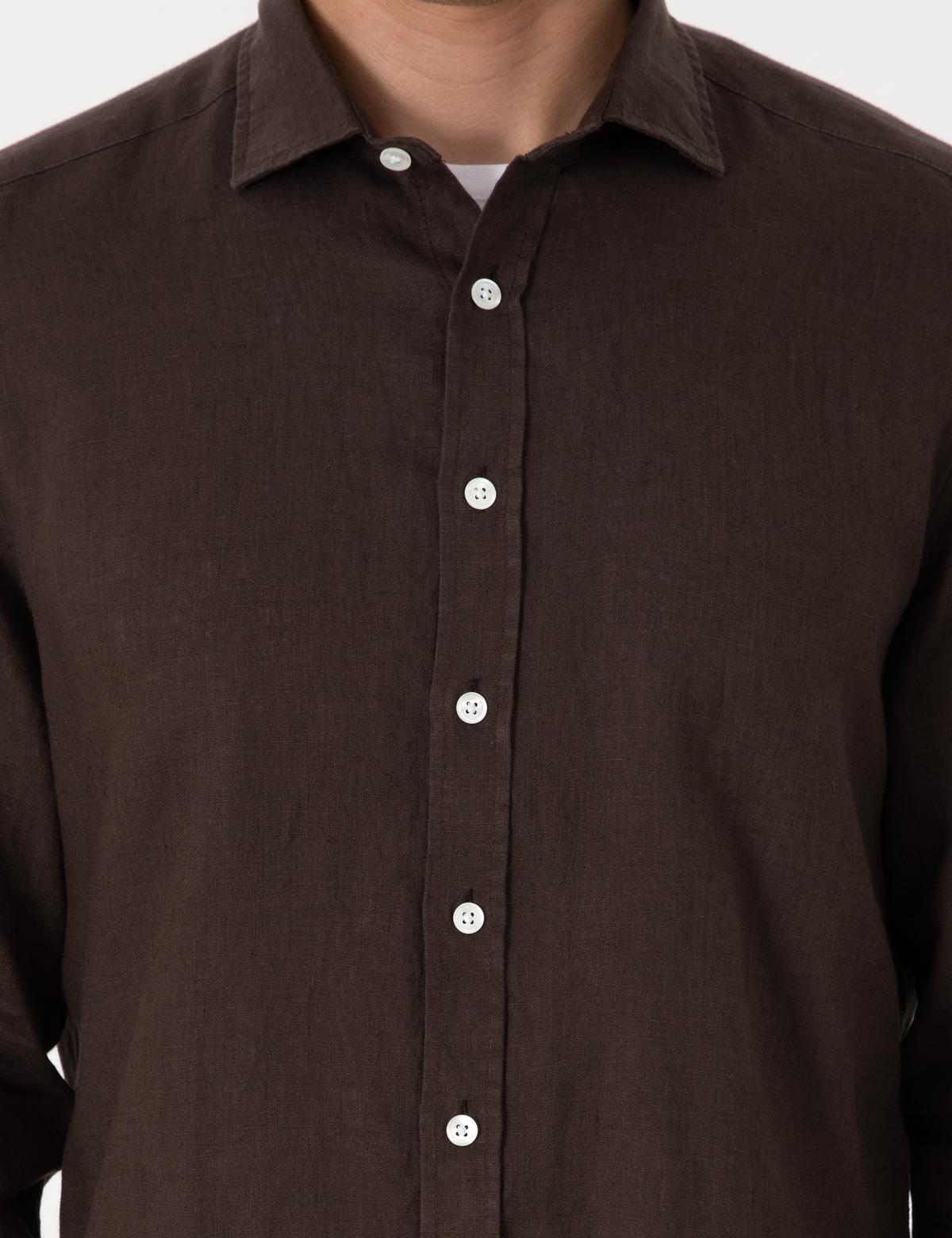 Kahverengi %100 Keten Regular Fit Uzunkollu Gömlek - 50303293147