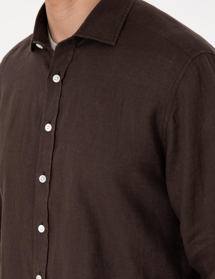 Kahverengi %100 Keten Regular Fit Uzunkollu Gömlek