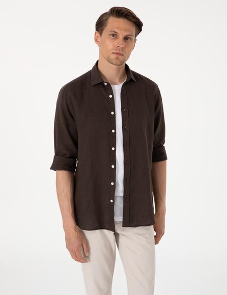 Kahverengi %100 Keten Regular Fit Uzunkollu Gömlek - 50303293147