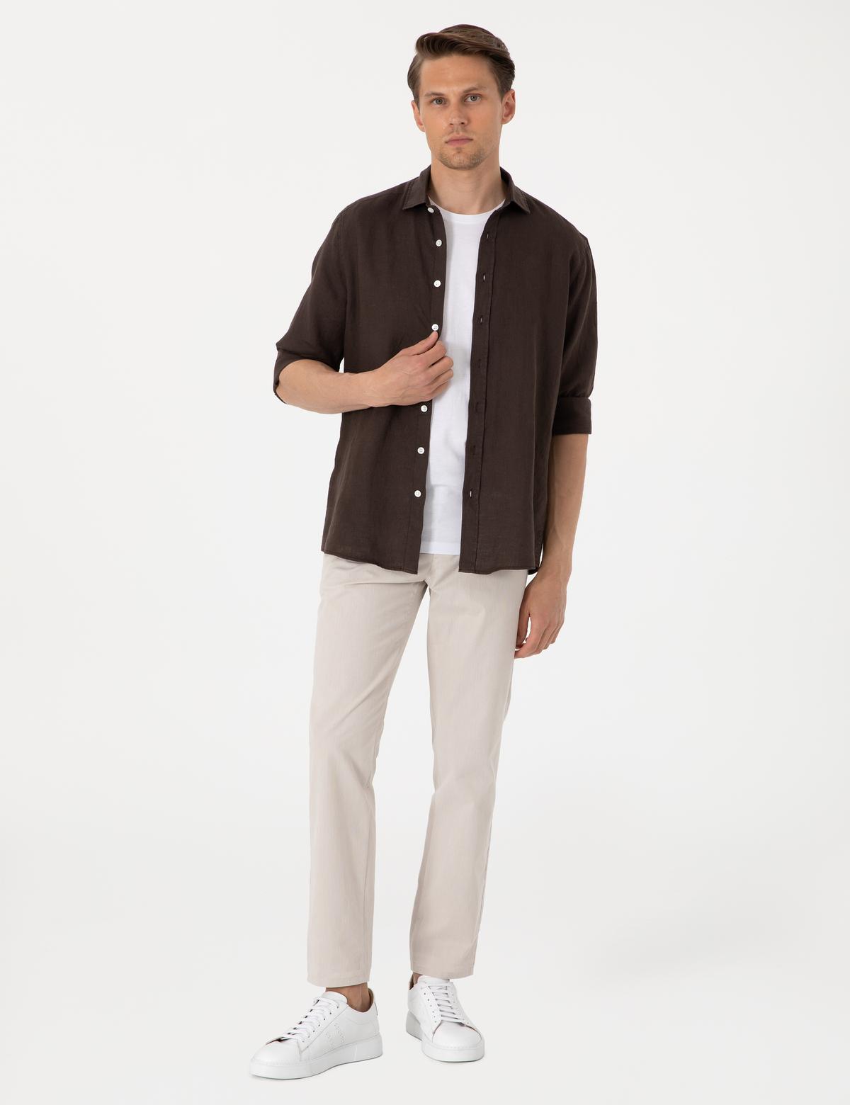Kahverengi %100 Keten Regular Fit Uzunkollu Gömlek - 50303293147