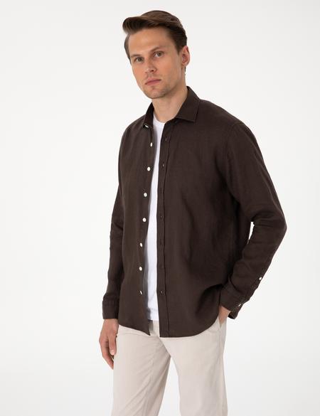 Kahverengi %100 Keten Regular Fit Uzunkollu Gömlek - 50303293147