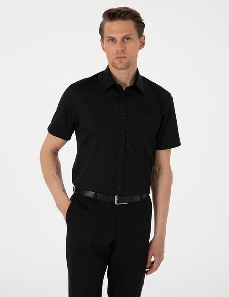 Siyah Parlak Saten Regular Fit Kısa Kollu Basic Gömlek - 50302763025