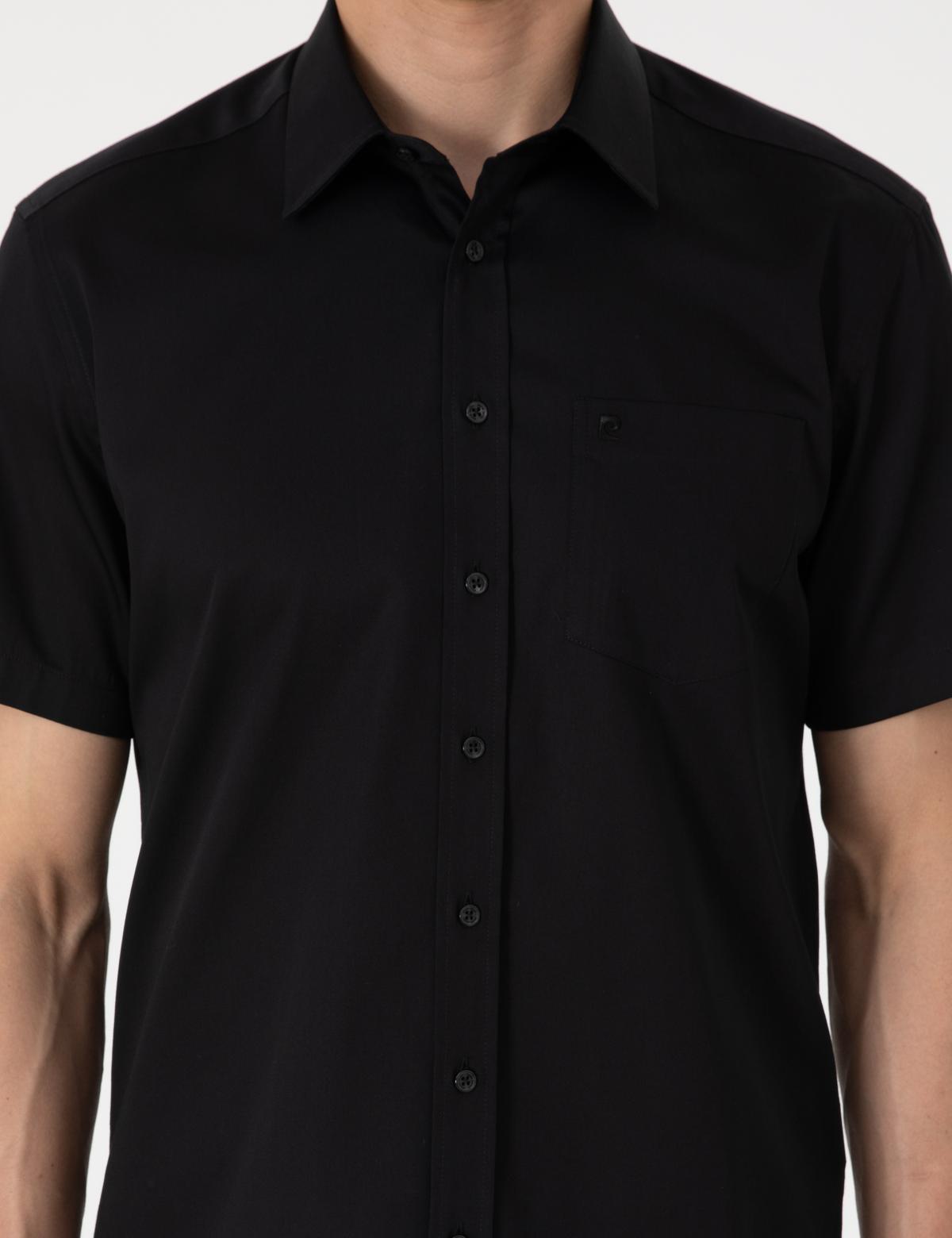 Siyah Parlak Saten Regular Fit Kısa Kollu Basic Gömlek - 50302763025