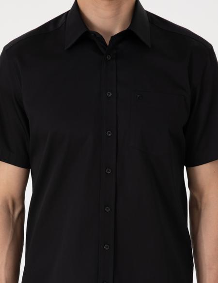 Siyah Parlak Saten Regular Fit Kısa Kollu Basic Gömlek - 50302763025