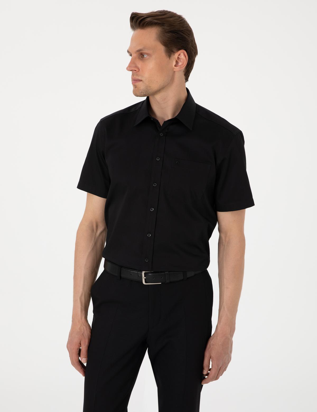 Siyah Parlak Saten Regular Fit Kısa Kollu Basic Gömlek - 50302763025