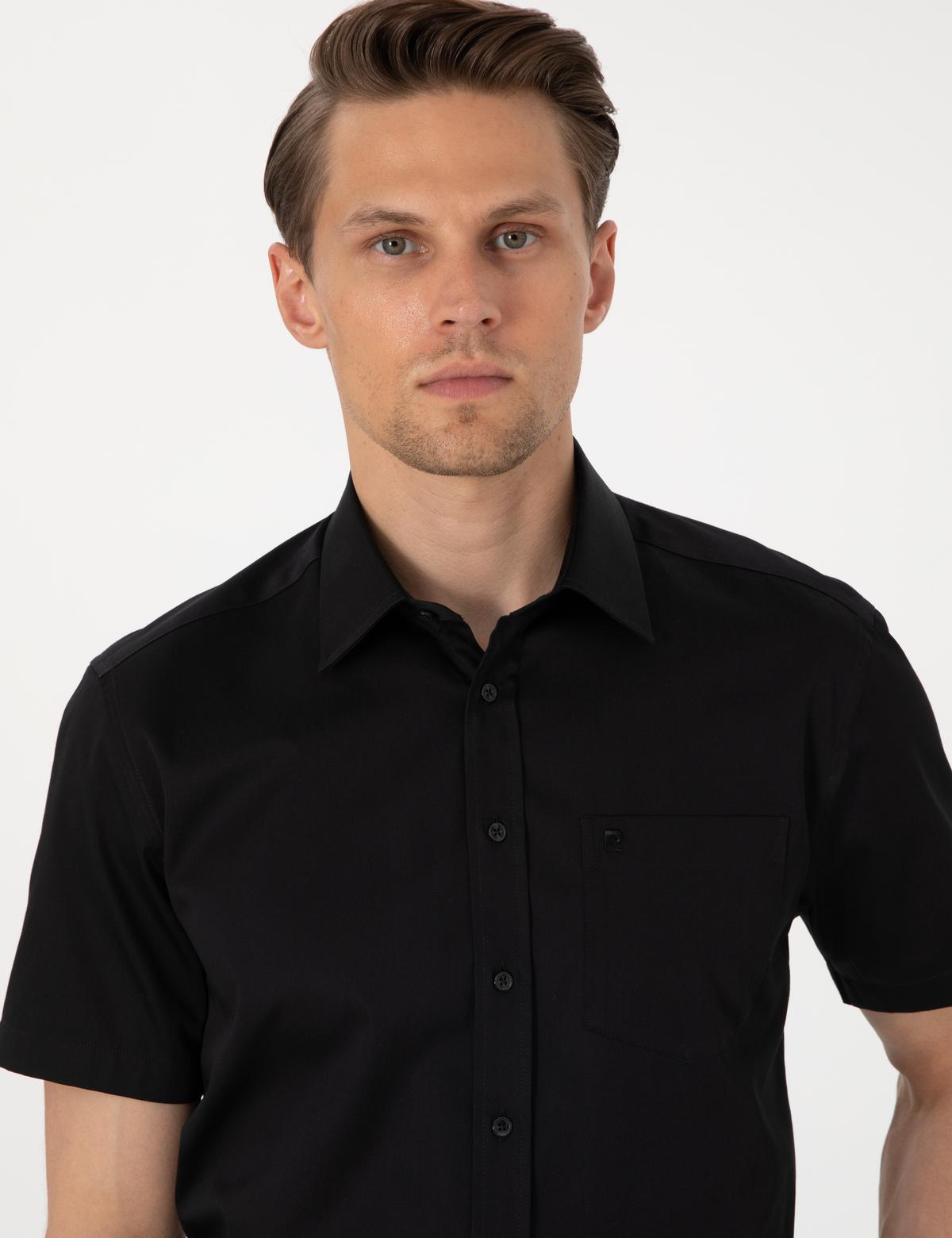 Siyah Parlak Saten Regular Fit Kısa Kollu Basic Gömlek - 50302763025