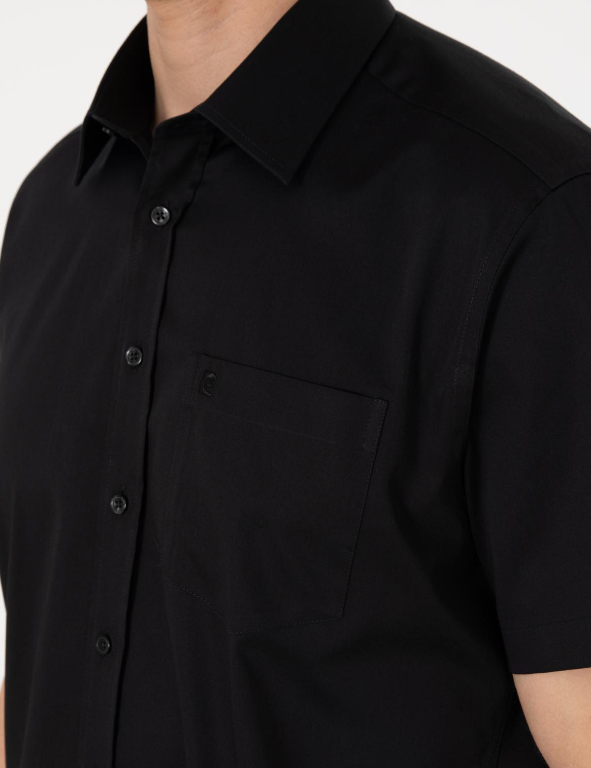 Siyah Parlak Saten Regular Fit Kısa Kollu Basic Gömlek - 50302763025