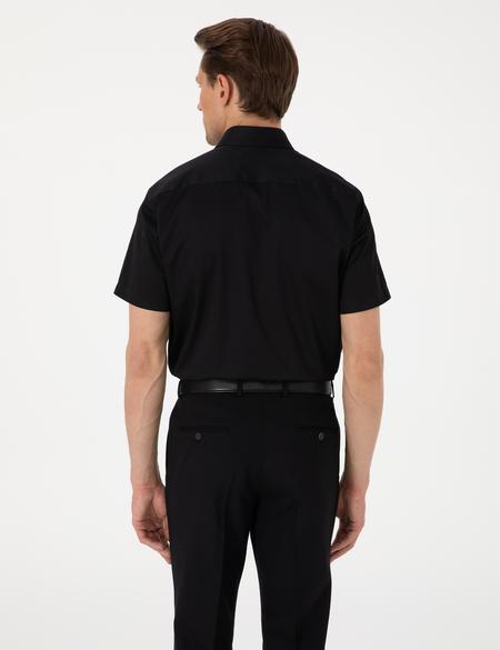 Siyah Parlak Saten Regular Fit Kısa Kollu Basic Gömlek - 50302763025