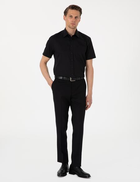 Siyah Parlak Saten Regular Fit Kısa Kollu Basic Gömlek - 50302763025