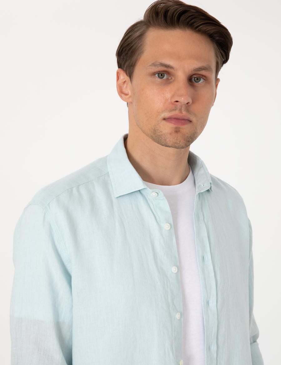 Su Yeşili %100 Keten Regular Fit Uzunkollu Gömlek